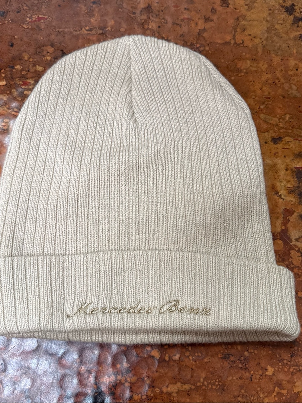 Mercedes Benz Embroidered Ribbed Beanie - light taupe, NEW